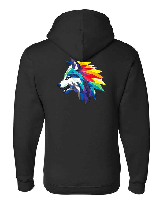 Black hoodie with a colorful wolf design on the back against a white background