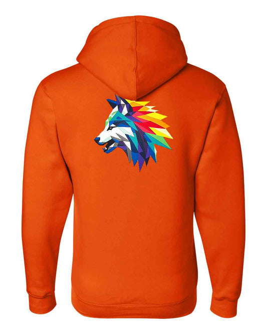 Orange hoodie with a colorful wolf design on the back against a white background