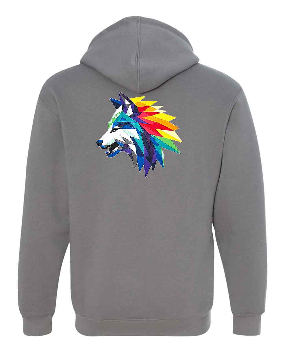 Gray hoodie with a colorful wolf design on the back against a white background