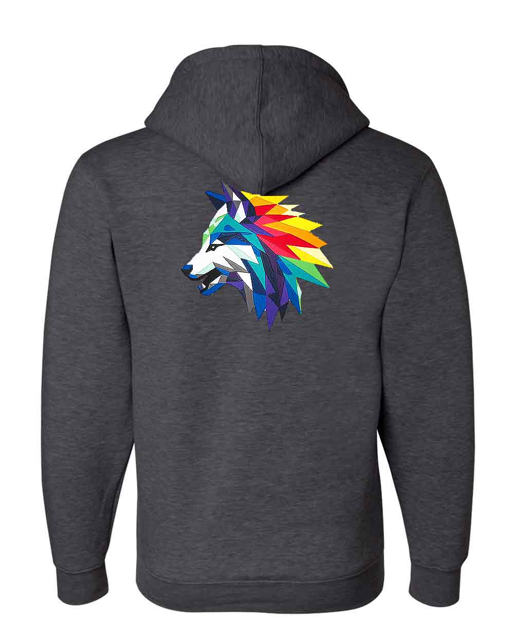 Dark gray hoodie with a colorful wolf design on the back against a white background