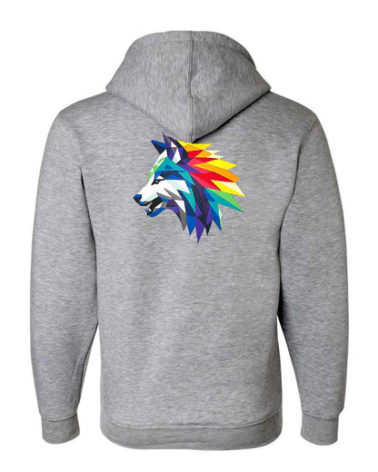 Gray hoodie with a colorful wolf design on the back against a white background
