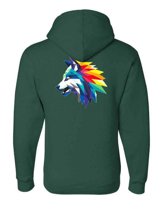 Green hoodie with a colorful wolf design on the back against a white background