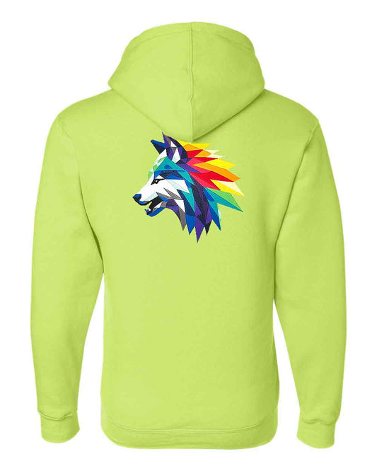 Lime green hoodie with a colorful wolf design on the back against a white background