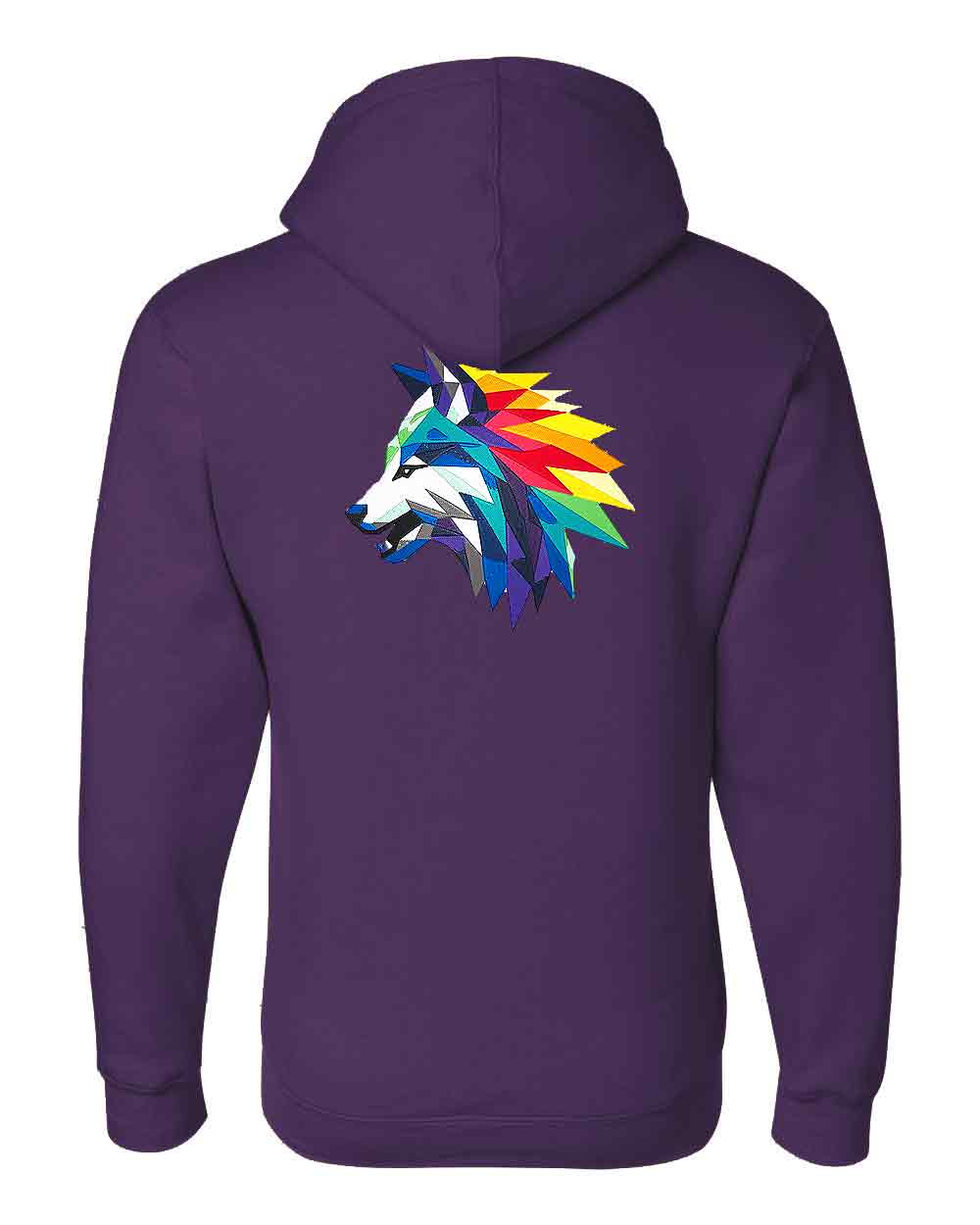Purple hoodie with a colorful wolf design on the back against a white background