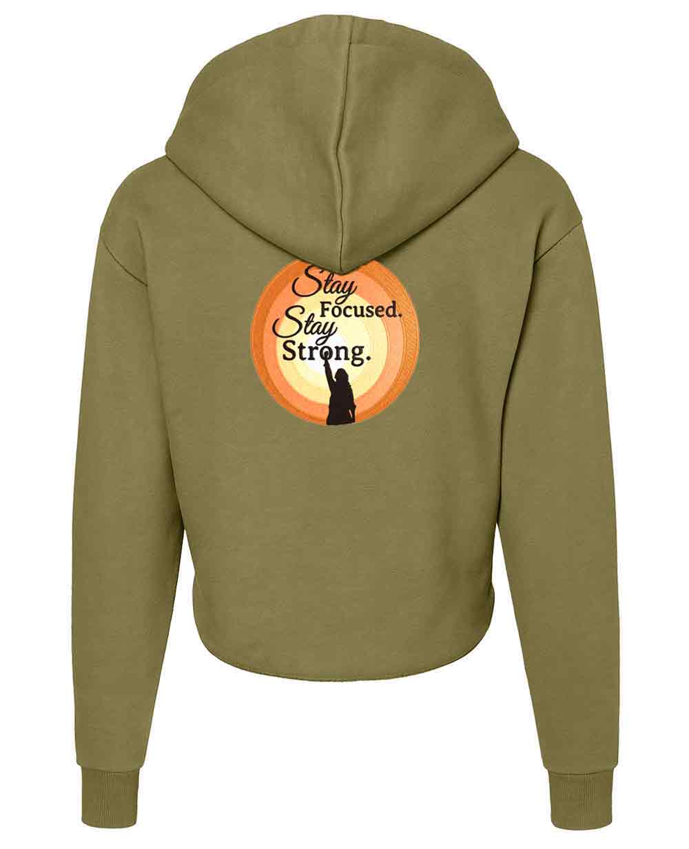 Green hoodie with 'Stay Focused, Stay Strong' text and dog silhouette on the back