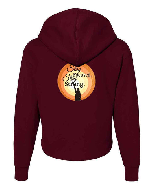 Maroon hoodie with 'Stay Focused, Stay Strong' design on the back