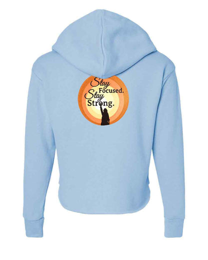 Light blue hoodie with a motivational graphic on the back against a white background
