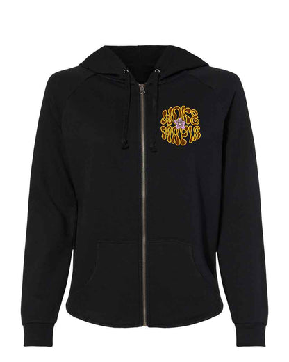 Black hoodie with yellow and purple design on a white background