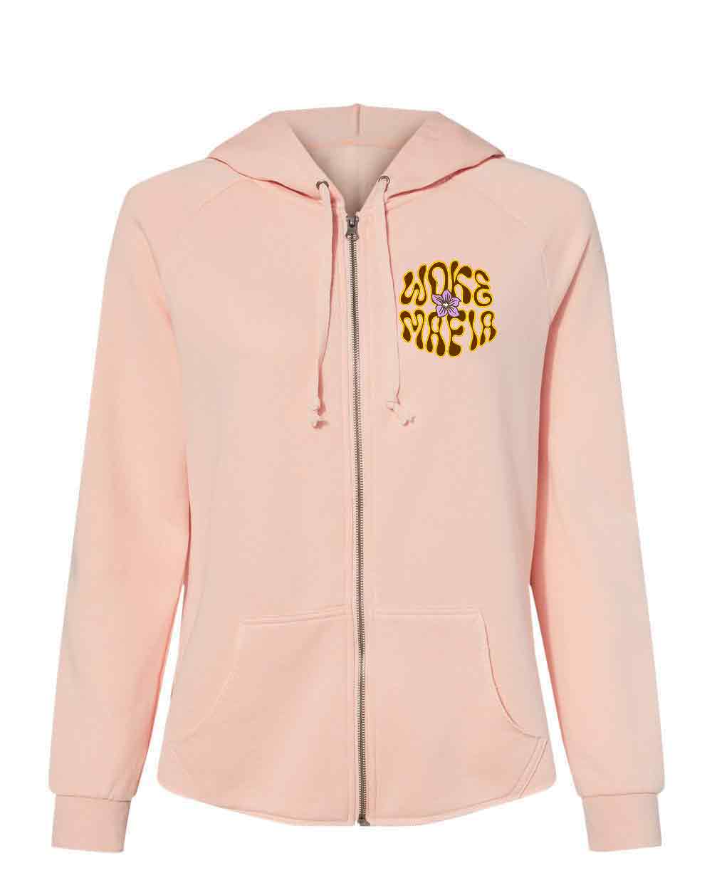 Pink hoodie with yellow text design on a white background