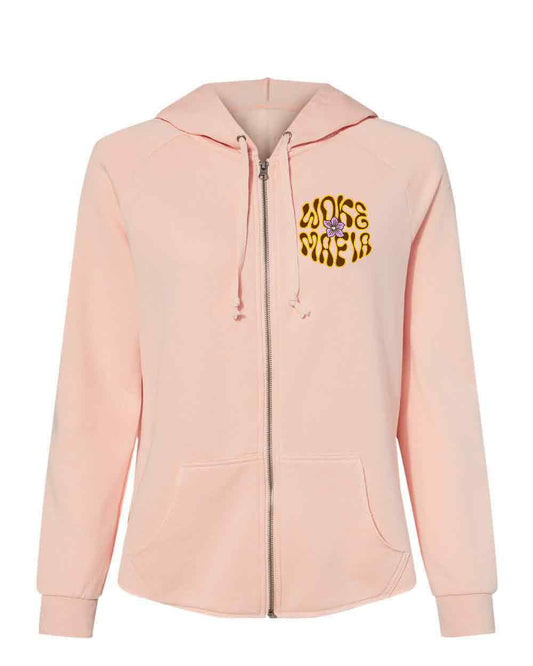 Pink hoodie with yellow text design on a white background