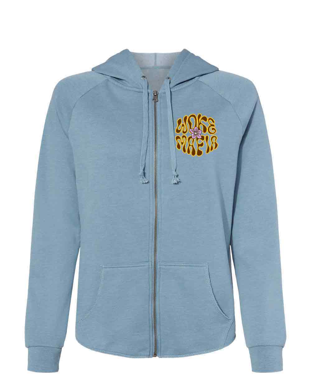 Light blue hoodie with yellow text on a white background