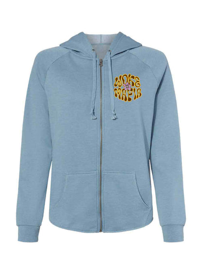 Light blue hoodie with yellow text on a white background