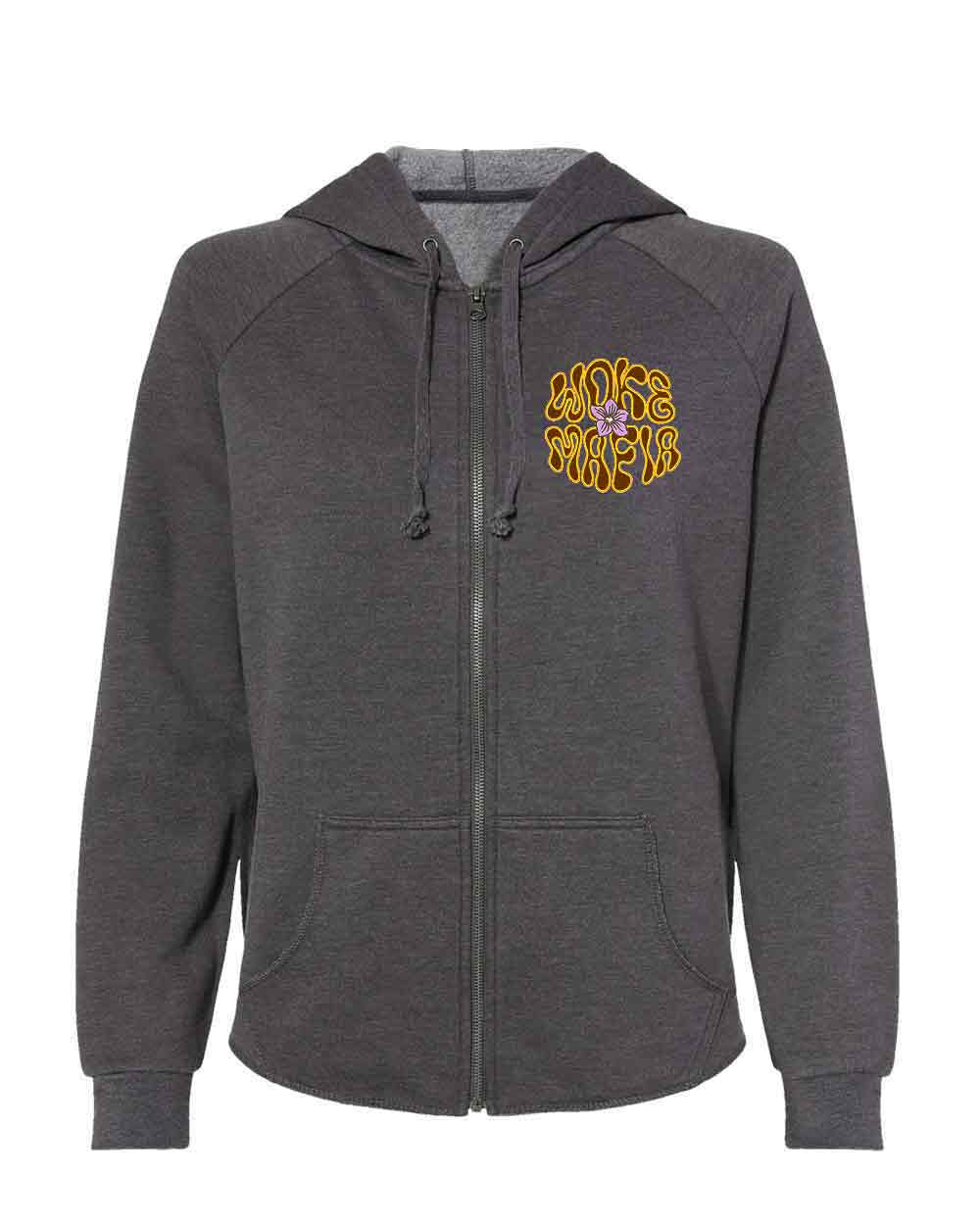 Gray hoodie with a colorful graphic on the chest against a white background