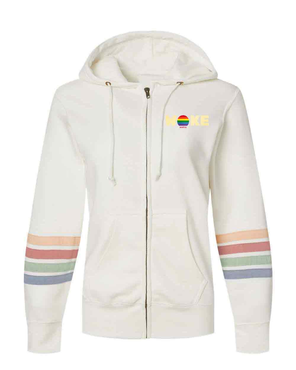 White hoodie with rainbow stripes on sleeves and a logo on chest against a white background