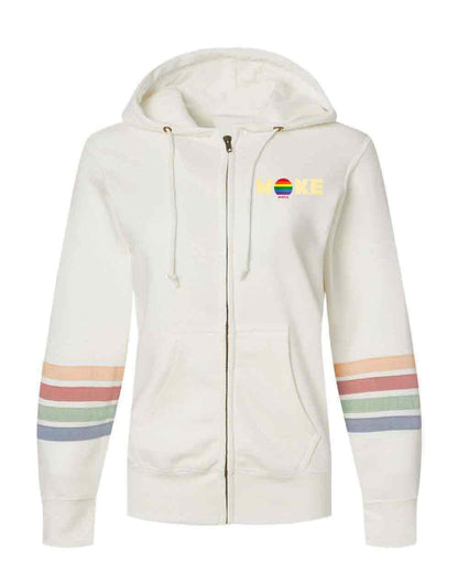 White hoodie with rainbow stripes on sleeves and a logo on chest against a white background